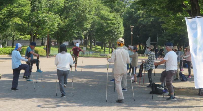 木陰で準備運動してから